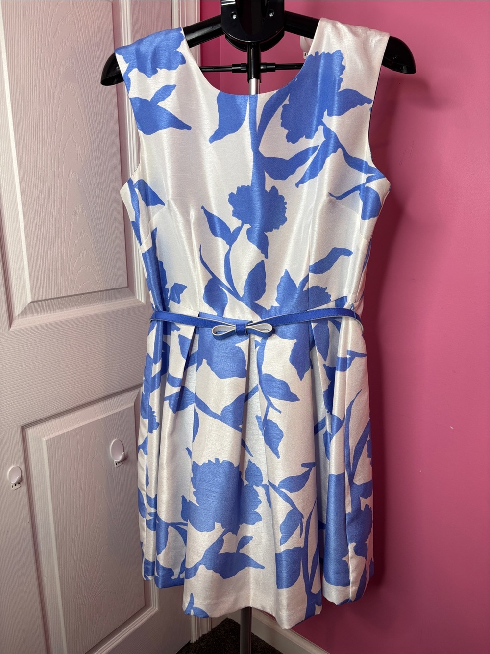 Julian Taylor Size 14 Blue Ivory Floral Fit & Flare Belted Dress